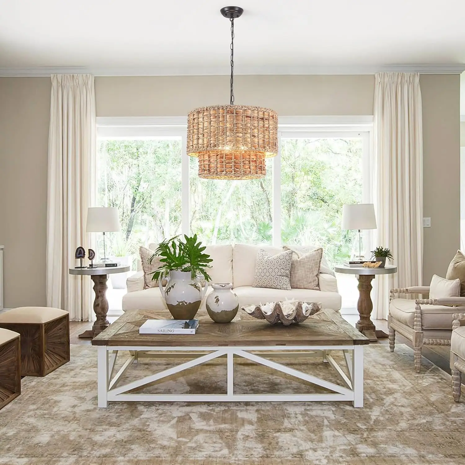 Generies-Lustre Boho Rattan com Abajur Jacinto de Água, Grande Luz Pingente de Quinta, Generies 2 Tiers, 5 Luzes, 18,9"