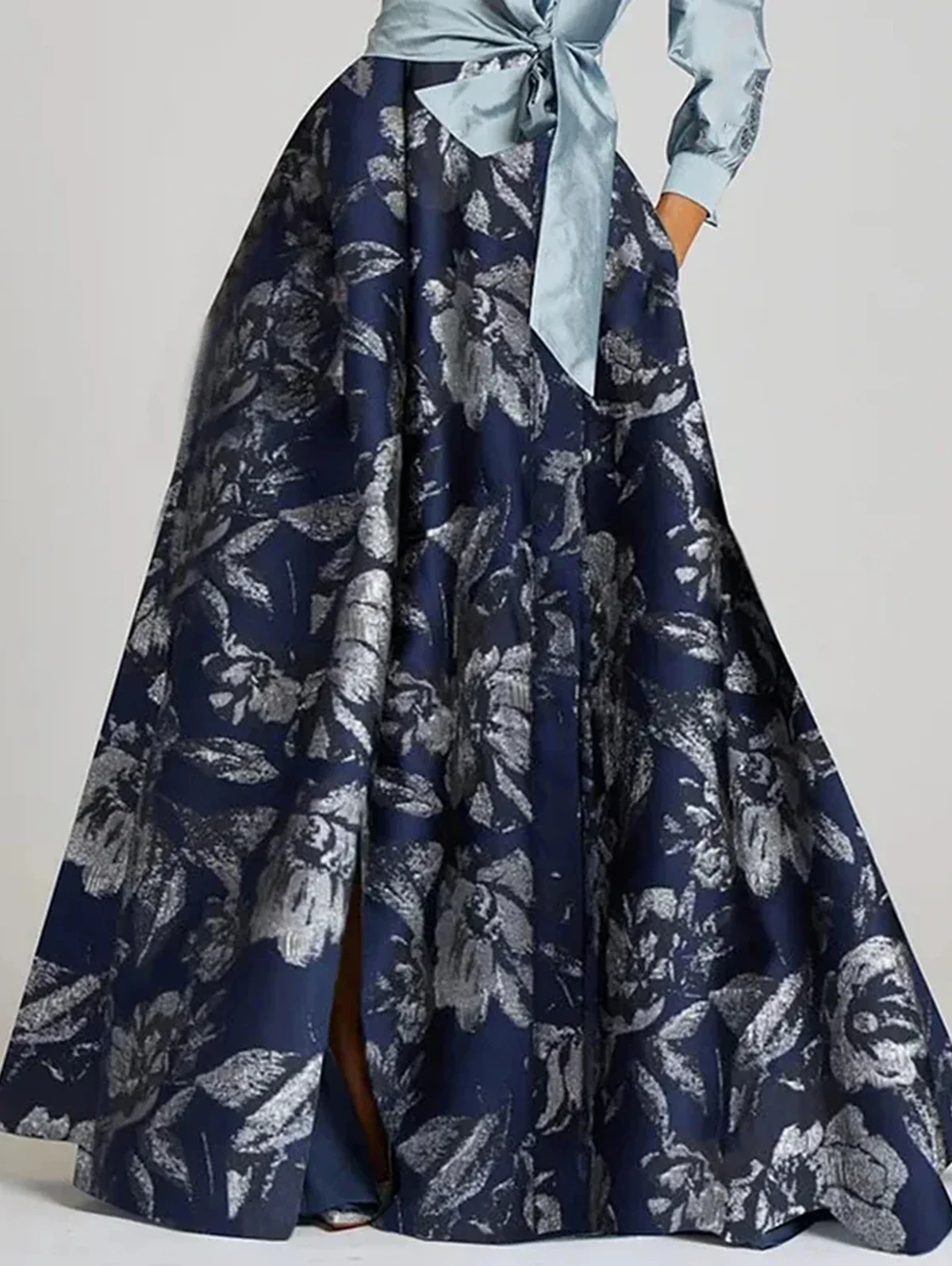 Elegante floral impressão maxi vestidos retalhos turndown colarinho manga longa bowknot bolso vestido longo festa de casamento vestido de noite