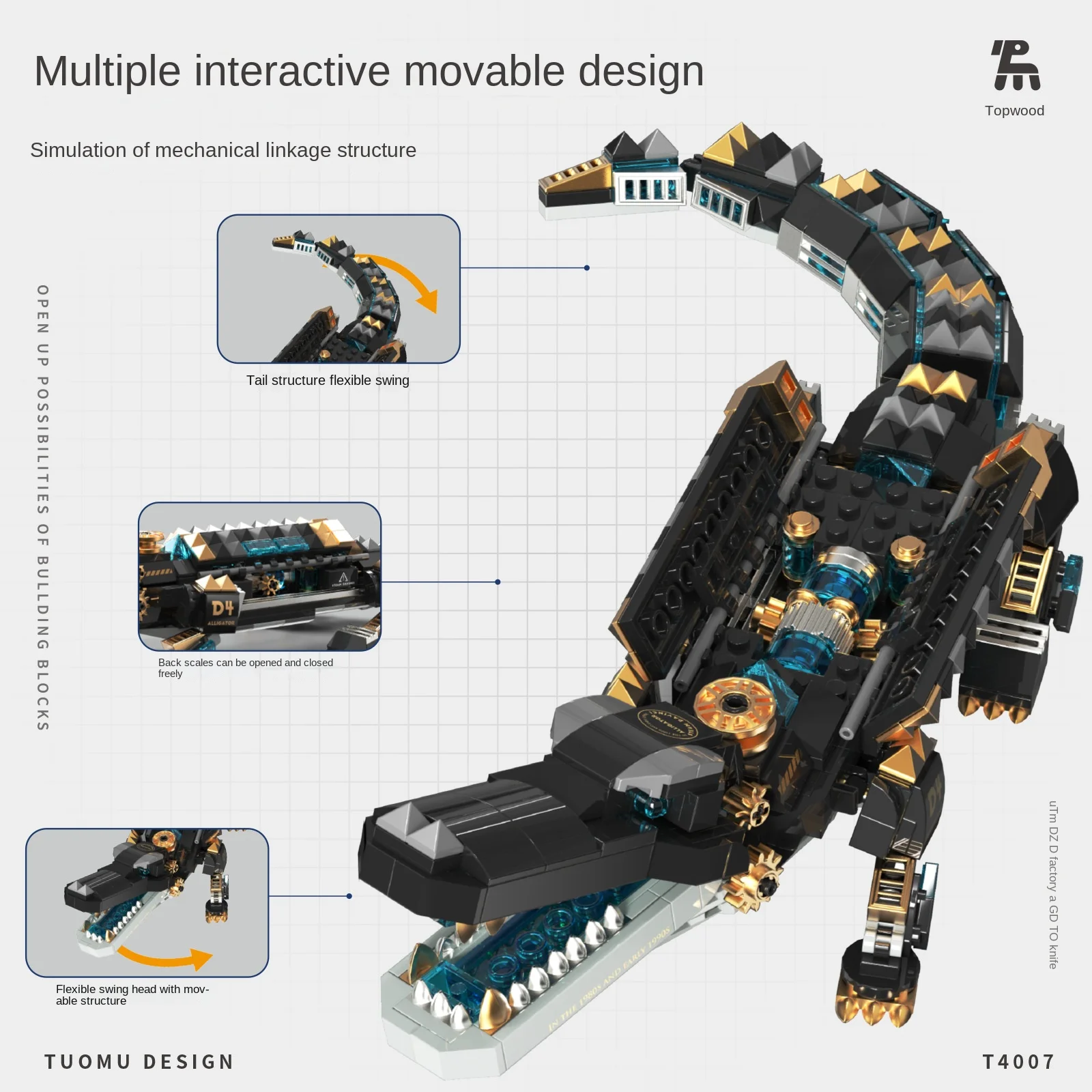 Tuomu T4007 Zware Gepantserde Krokodil Bouwsteen Stoom Da Vinci Serie Mechanische Montage Puzzel Speelgoed