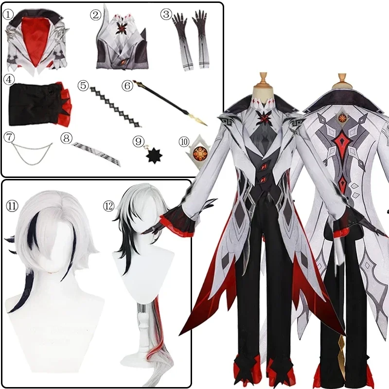 Genshin Impact Nuovo costume Arlecchino in pelle fotovoltaica Set completo Parrucca lunga Uniforme Undici Fatui Harbingers Costume Outfit