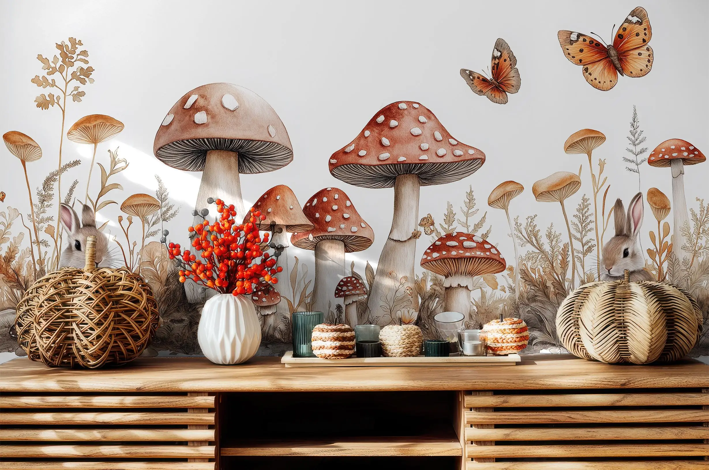 Customized cartoon dreamy colorful forest grassland mushroom butterfly flower children's room interior decoration 3d wallpaper
