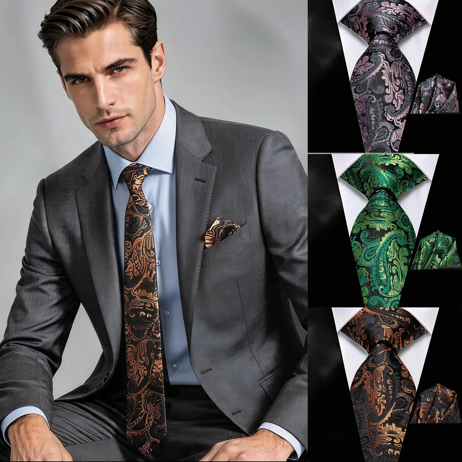 Men 2Pcs Formal Set Green Or Gold Or Pink Paisley Woven Necktie With Pocket Square For Party Banquet Daily Office