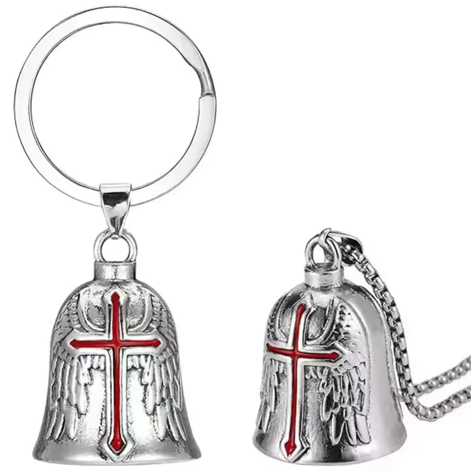 Biker Bell Carved Red Cross Wings Pendant Motorcycle Riding Bell Necklace Personality Men\'s Lucky Amulet Jewelry Wholesale