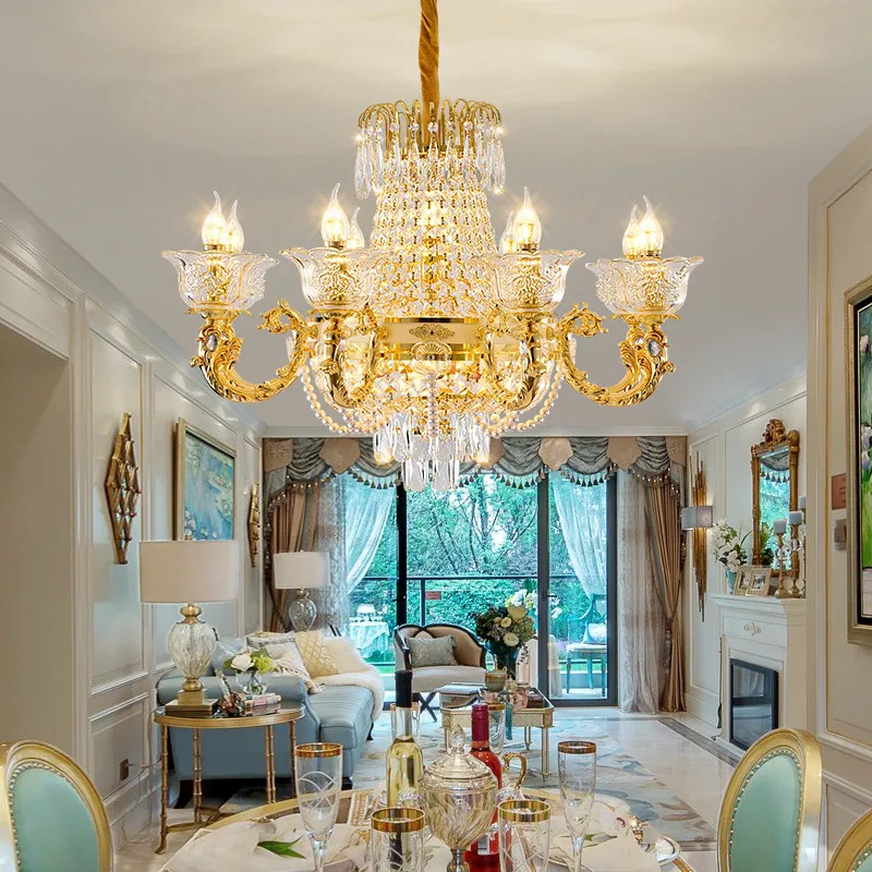 European Crystal Villa Chandelier Led Luxury Gold Living Room Restaurant Bedroom Hotel Duplex Building Pendent Lamp