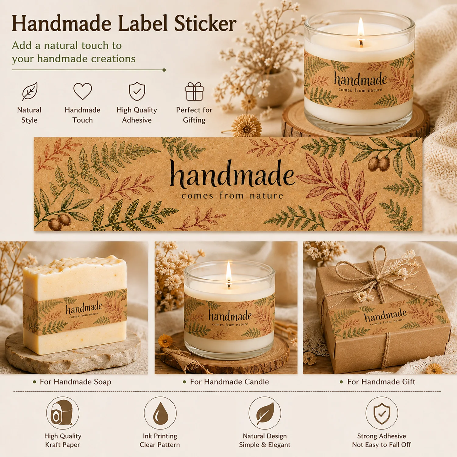 60pcs Handmade Soap Wrap Labels, Kraft Paper Botanical Soap Bands, Handmade Packaging Stickers for Homemade Soap, Candles & DIY