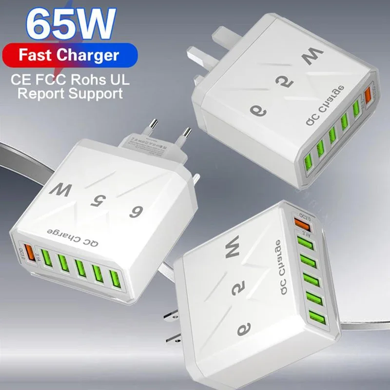 New 65W 6 Ports USB Charger Quick Charging QC 3.0 Travel Charger For iphone Samsung Xiaomi Mobile Phone Adapter EU KR US UK Plug