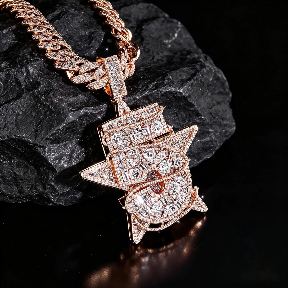 18K Rose Gold Plated Bold Star Shape Charm Thick Cuban Chain Accessory Perfect Fine Jewelry For Men Rapper Couples Anniversary Party Daily Gifts Iced Out Number 5 with Stars Design Pendant Necklace Sparkling Cubic Zirconia Full Micro‑Paved Hip Hop Jewelry