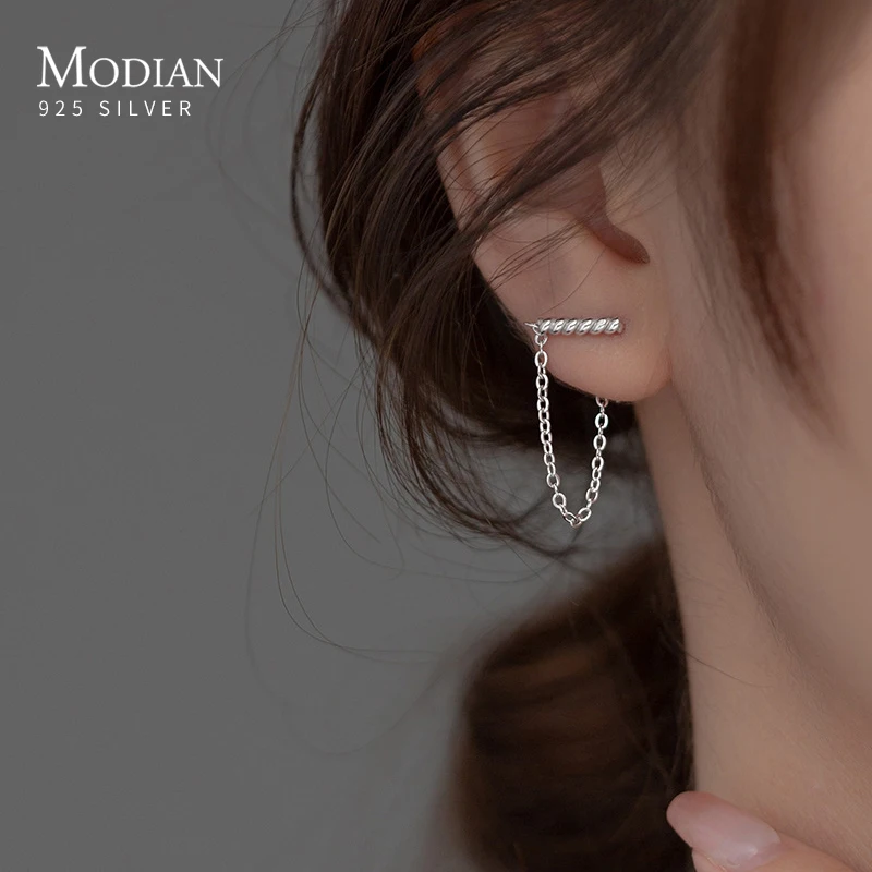 Modian 925 Sterling Silver Punk Geometric Link Chain Earrings for Women Fine Jewelry Fashion Shining Stud Earrings Party Gift