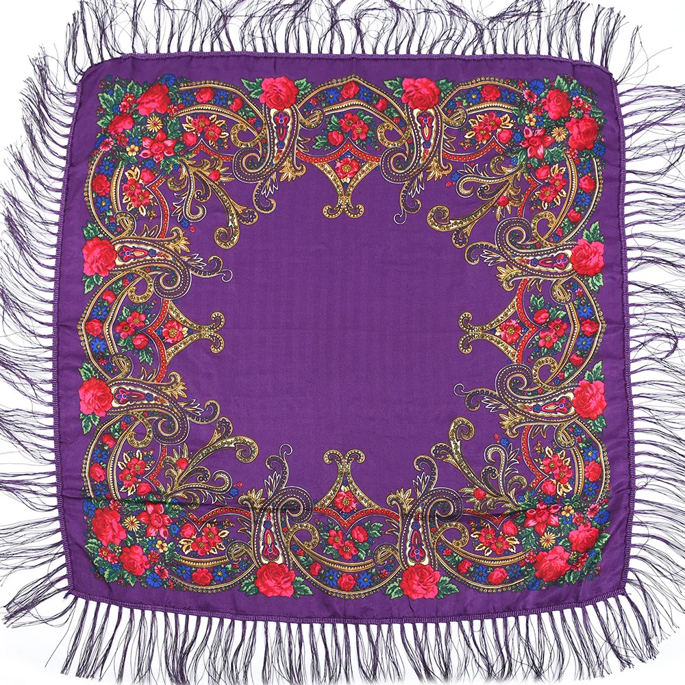 100*100cm Russian Scarf Women Luxury Floral Print Square Ukrainian Fringed Bandana Shawl Babushka Handkerchief Head Wraps