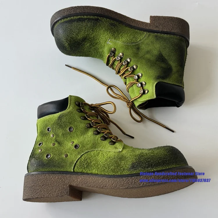 Gradient Green Suede Men's Boots Thick Sole Lace Up Retro Motorcycle Ankle Boots Trendy Luxury Height Increasing Men's Boots