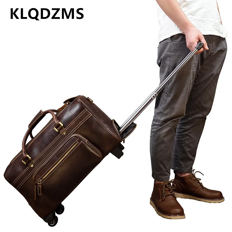 Klqdzms 22 "Polegada mala masculina de couro retro trole sacos grande capacidade saco viagem negócios 22 Polegada bagagem cabine rolando