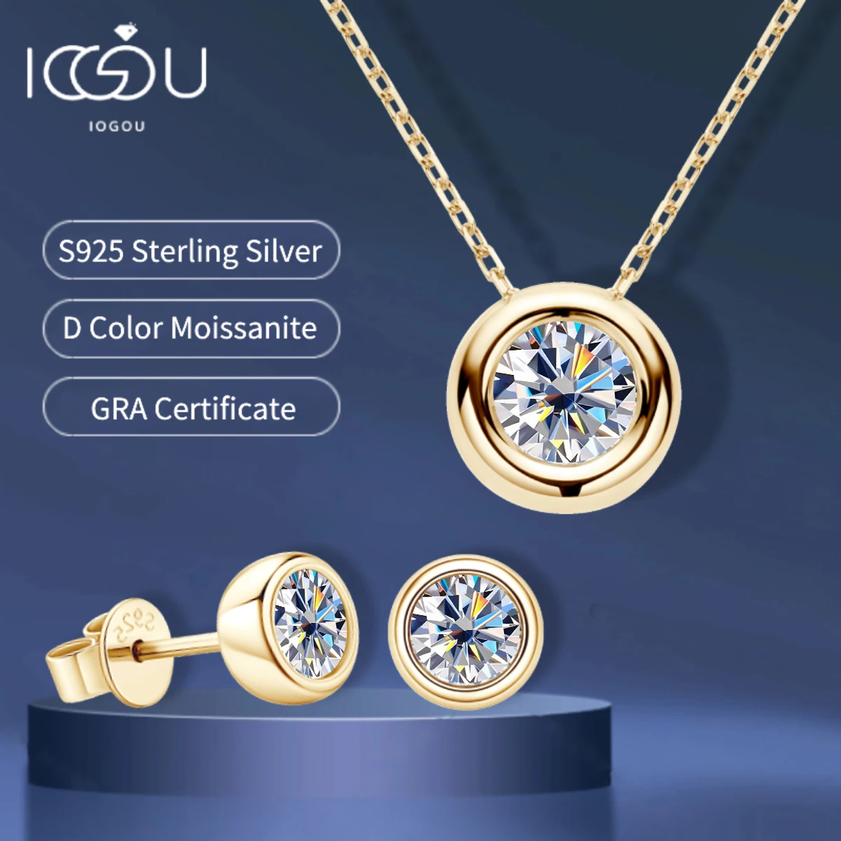 IOGOU Real 3ctw. D Color Moissanite Jewelry Set 925 Silver 18k Gold Plated Pendant Necklace Stud Earrings Set for Women Men Gift