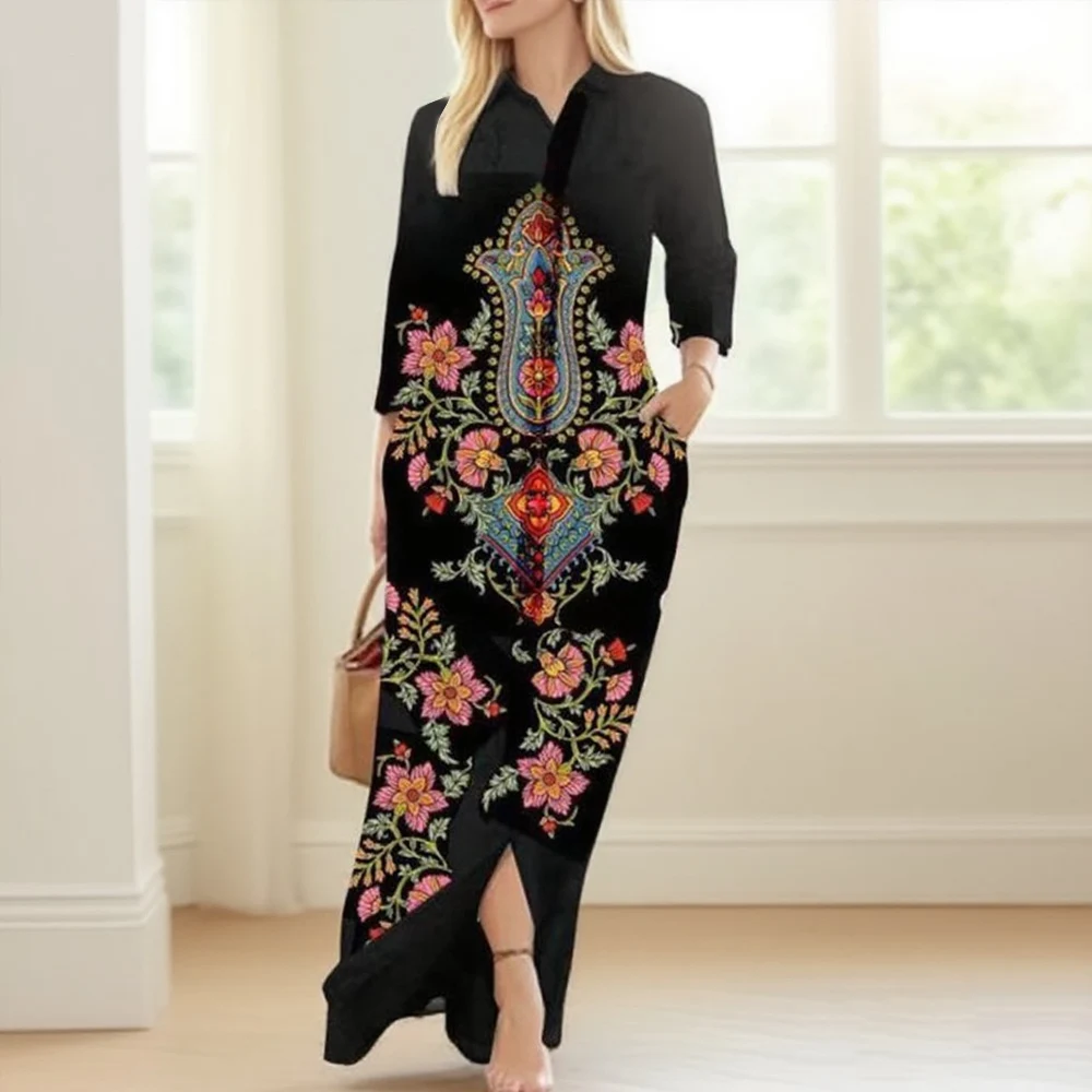 

Spring Womens Long Shirt Dress Summer Single Breasted Button Lapel Long Sleeve Dress 2023 New Image Print Loose Dresses Robe