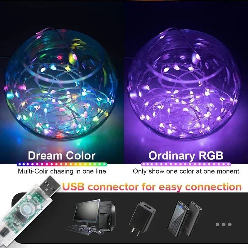 الذكية LED الجنية أضواء RGB سلك سلسلة أضواء App التحكم عن بعد USB بالطاقة الموسيقى مزامنة لحفلات الزفاف في الهواء الطلق ديكور المنزل