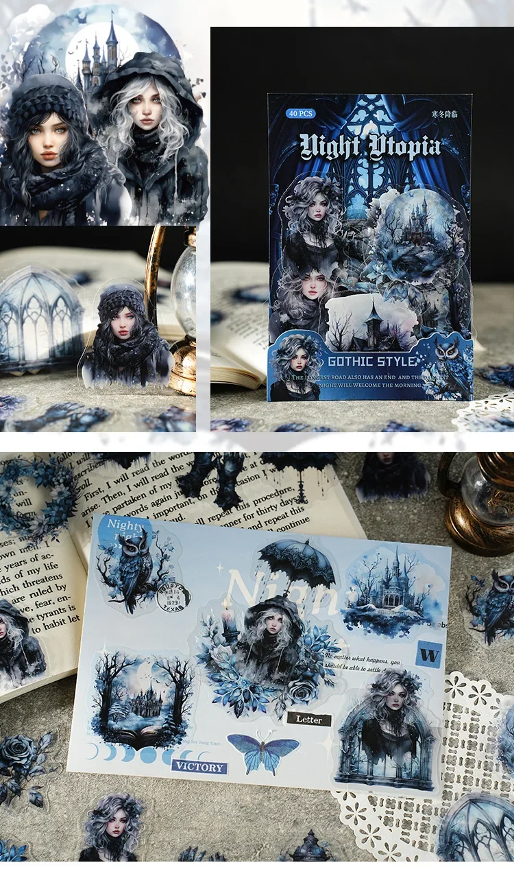 40 قطعة/الحقيبة ليلة مظلمة يوتوبيا الأسود القوطية موضوع شفاف PET ملصق حقيبة سكرابوكينغ المجلات مواد الديكور الكولاج