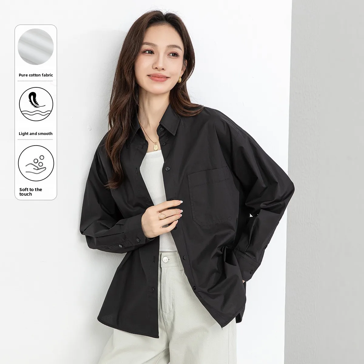 

Bla Long Sve irt Women's Loose Sle Commute Casual Faion Spring Season Cotton Material Layering Capable Office Wear