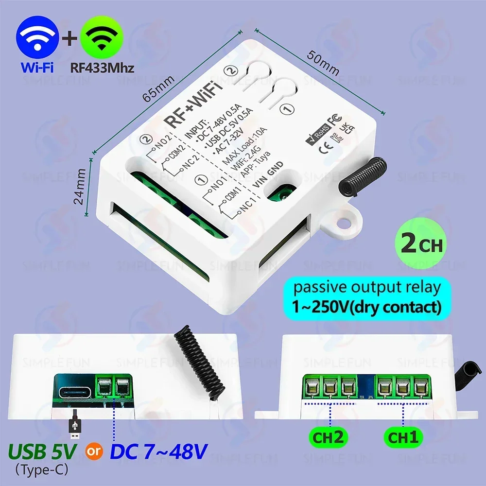 WiFi RF Remote Control Smart Light Switch 2 CH Tuya,USB 5V DC 12V 24V 48V,1-250V Dry Contact Relay,work with Alexa Google Home