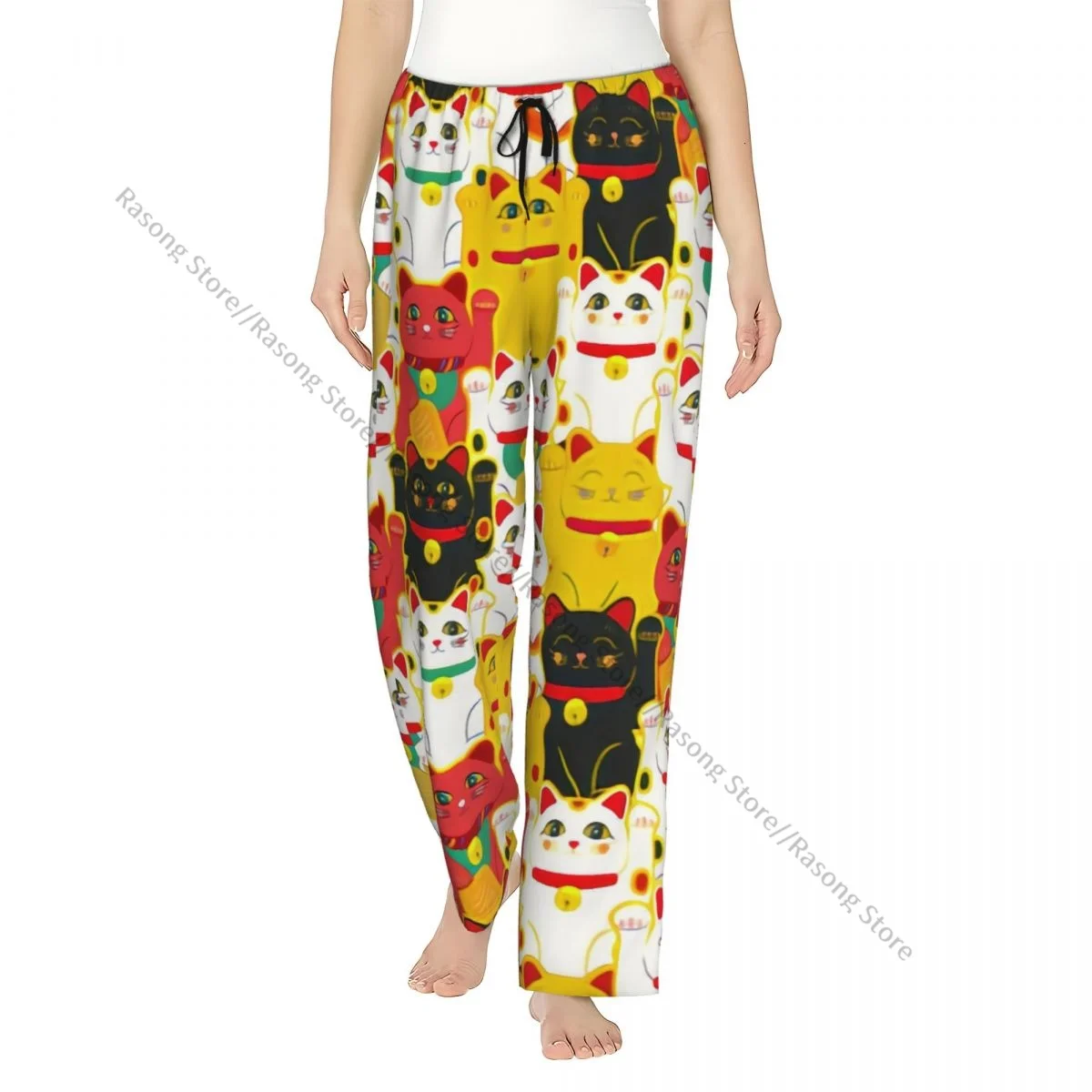 

Cozy Flannel Pajama Pants for Women Maneki Neko Cat Pattern Lucky Cats Sleep Bottoms Home Loungewear