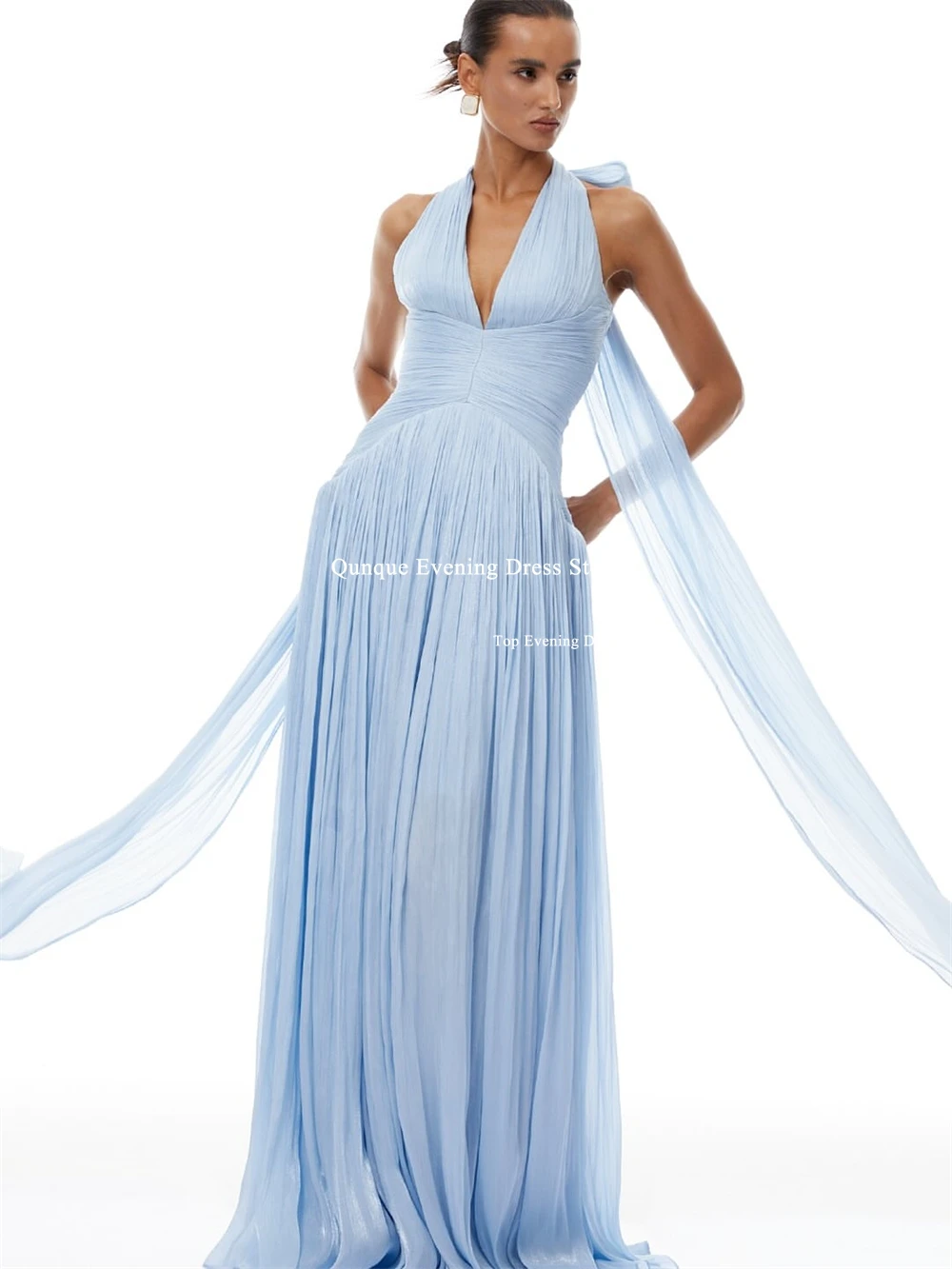 Qunque Elegant Chiffon Halter Prom Dresses Party Dresses Slit Pleated Vestidos De Fiesta Floor Length Evening Dresses Customized image 4