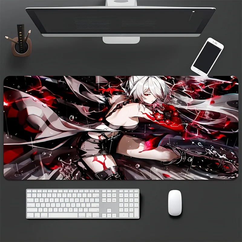 Edgy Red & White Anime Girl Desk Pad, XXL Waterproof Rubber Mouse Mat with Dynamic Combat Style for Gaming & Daily Use