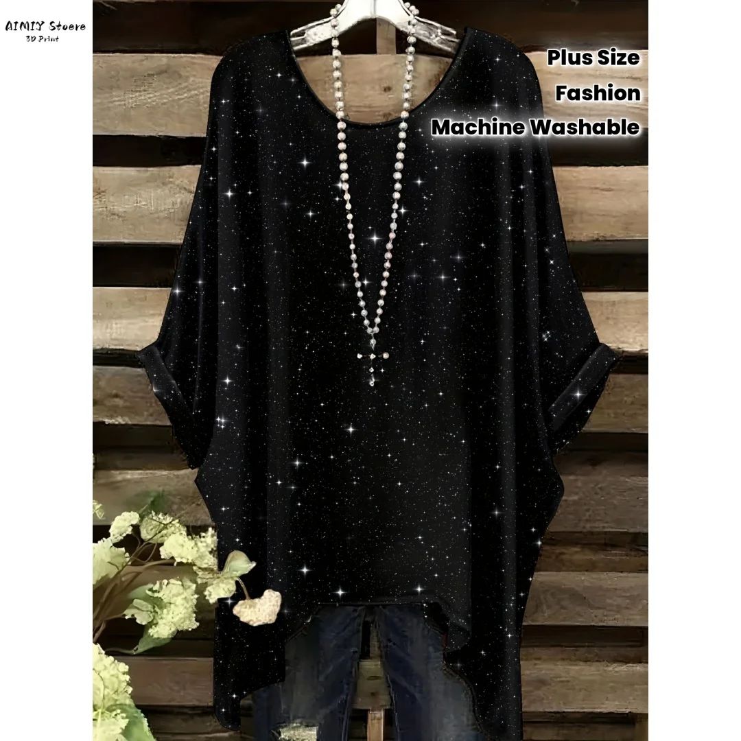 Women's Elegant Bohemian Starry Night Print T-Shirt White All-Over Dots with Asymmetrical Hem, Round Neck Casual Fashion Women