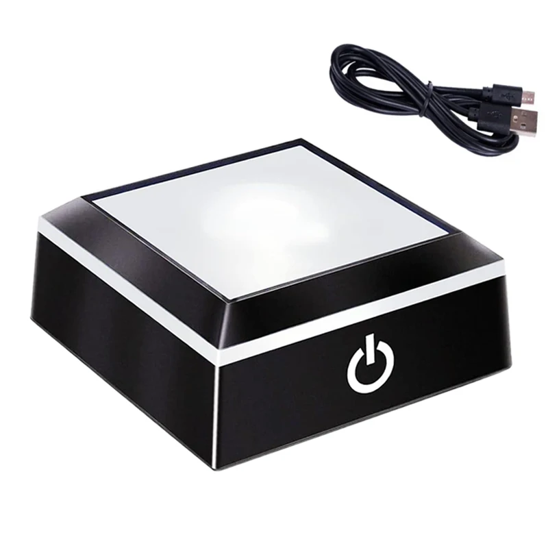 Square Shape LED Light Touch Switch Base Holder Crystal Glass Cube Display Stand Desktop Home Decoration