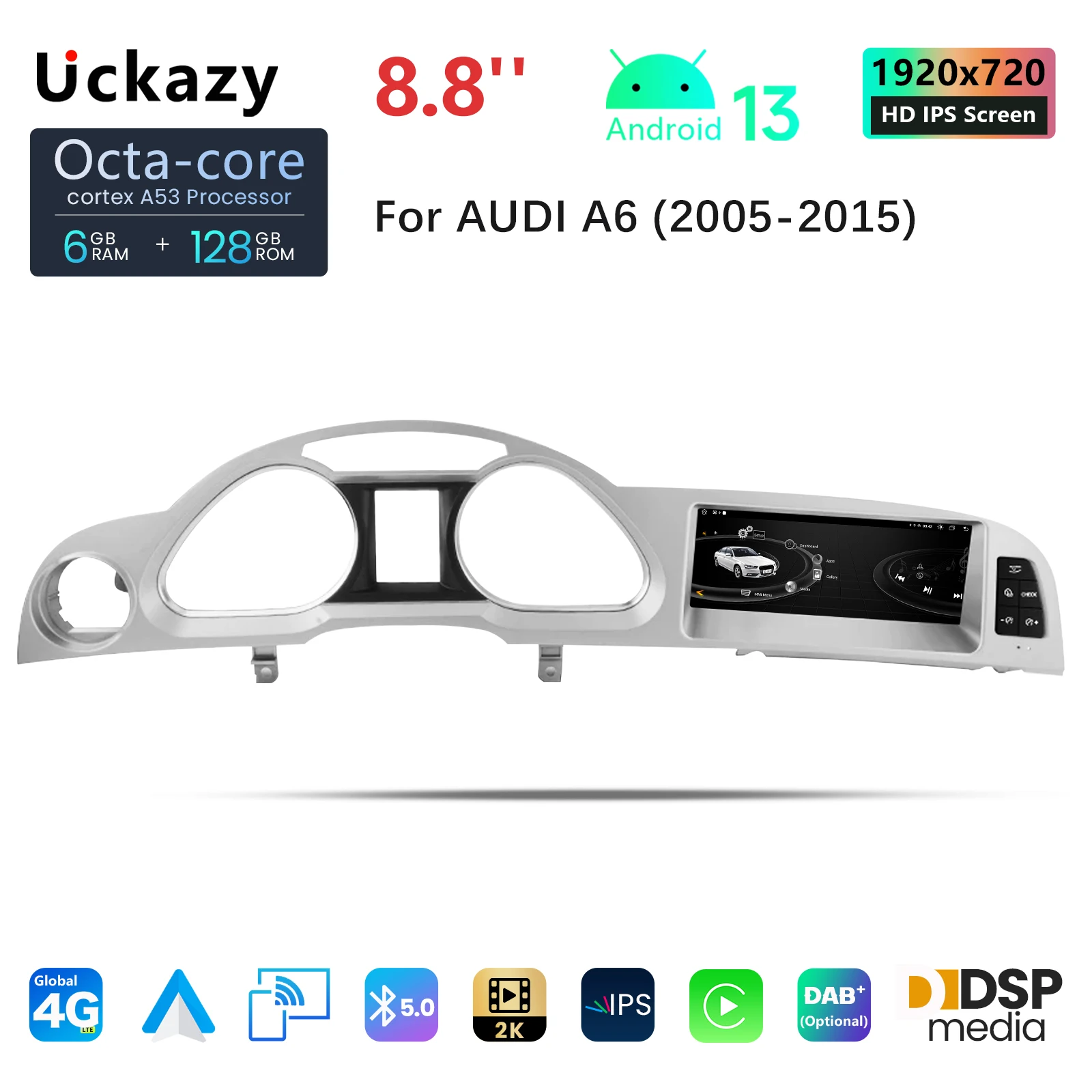 Uckazy 8.8 Inch Wireless CarPlay Android 13 Auto Car Radio For Audi A6 C6 4F 2005-2009 MMI 2G 3G GPS 4G WiFi BT Stereo autoradio