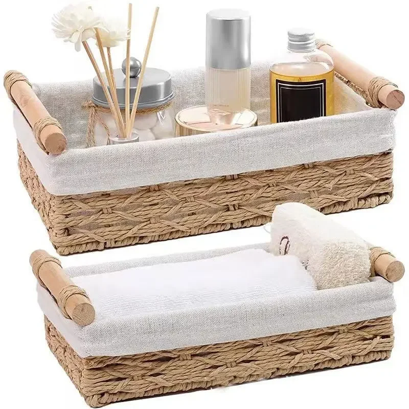 A Set of 2 Imitation Willow Baskets,Simple Storage Boxes for The Bathroom, Featuring Lining and Handles for Toilet Paper Storage