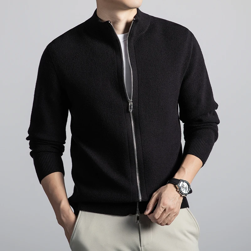 남성 트렌디 스웨터 가디건 2025 가을 더블 지퍼 니트 코트 남성 슬림 핏 가디건 스탠드 칼라 니트 아우터웨어 긴 소매