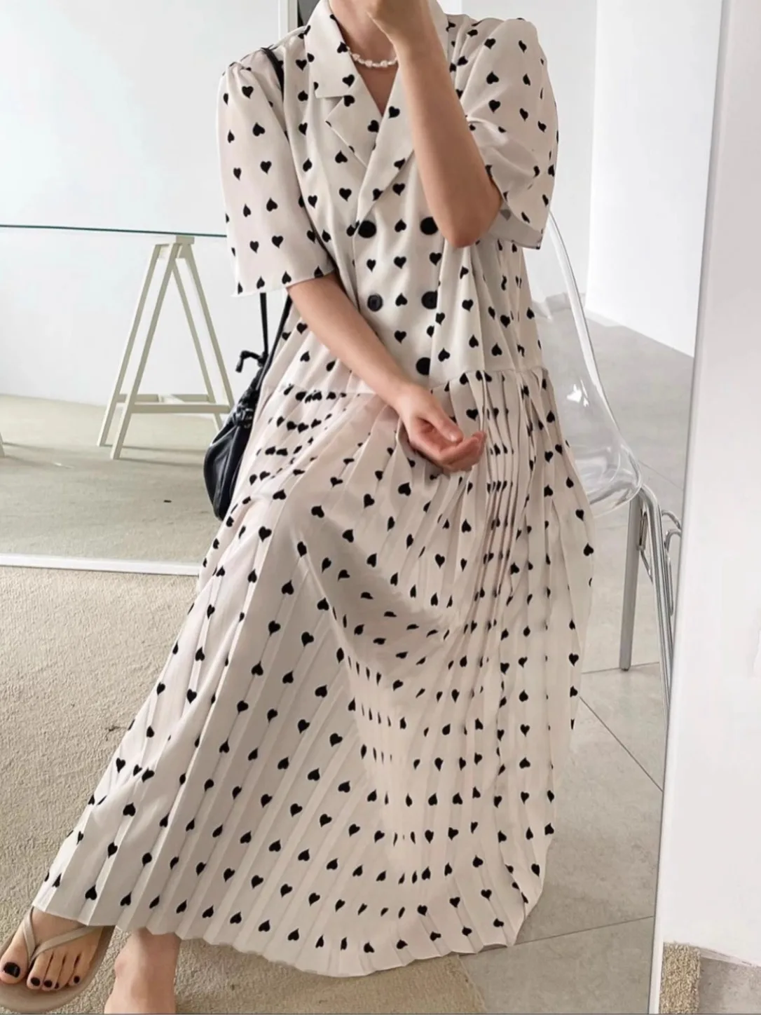 

Chic Dongda Gate Long Svel Heart Pattern Double Buttoned Pleated Summer Dr Commute Sle Regular Sve V-ne Dr