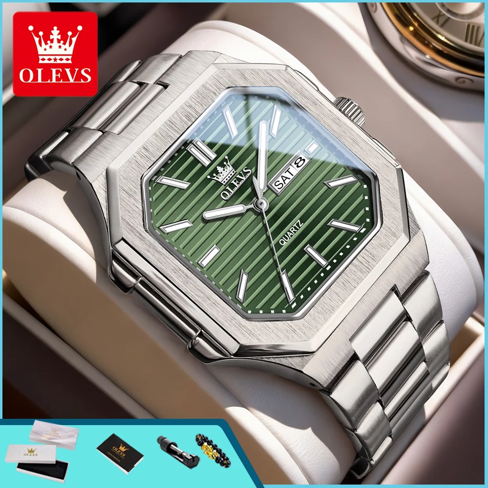 OLEVS 3731 Original Brand Men's Watch Dual Calendar Stainless Steel Strap Waterproof Square Dial Quartz Men's Wristwatch