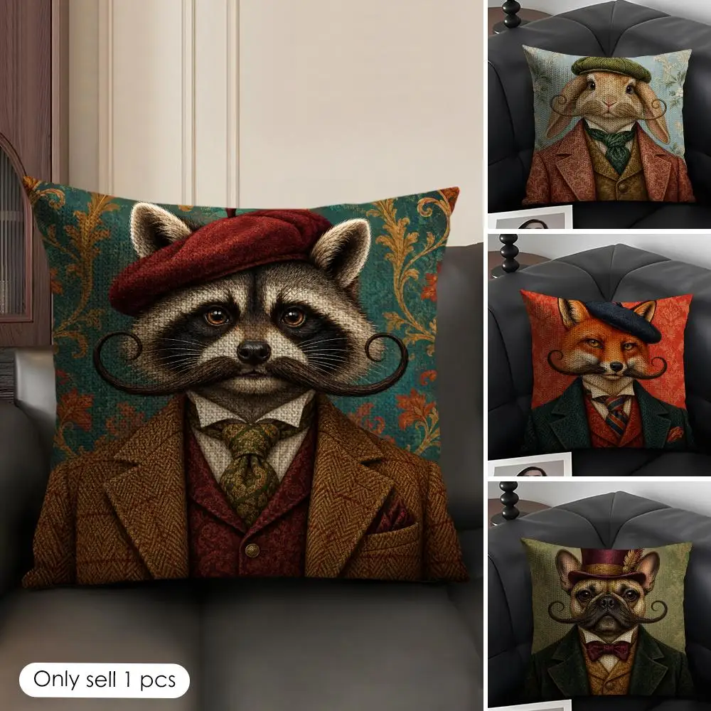 Victorian Animal Whimsical Gentleman Portrait Cushion Cover Skin-Friendly Linen Pillow Cover Durable Washable Soft