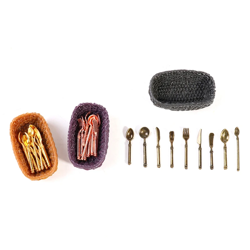 1 conjunto mini talheres faca garfo colher brinquedo das crianças para casa de boneca decoração do vintage casa de bonecas miniaturas cesta de talheres e talheres