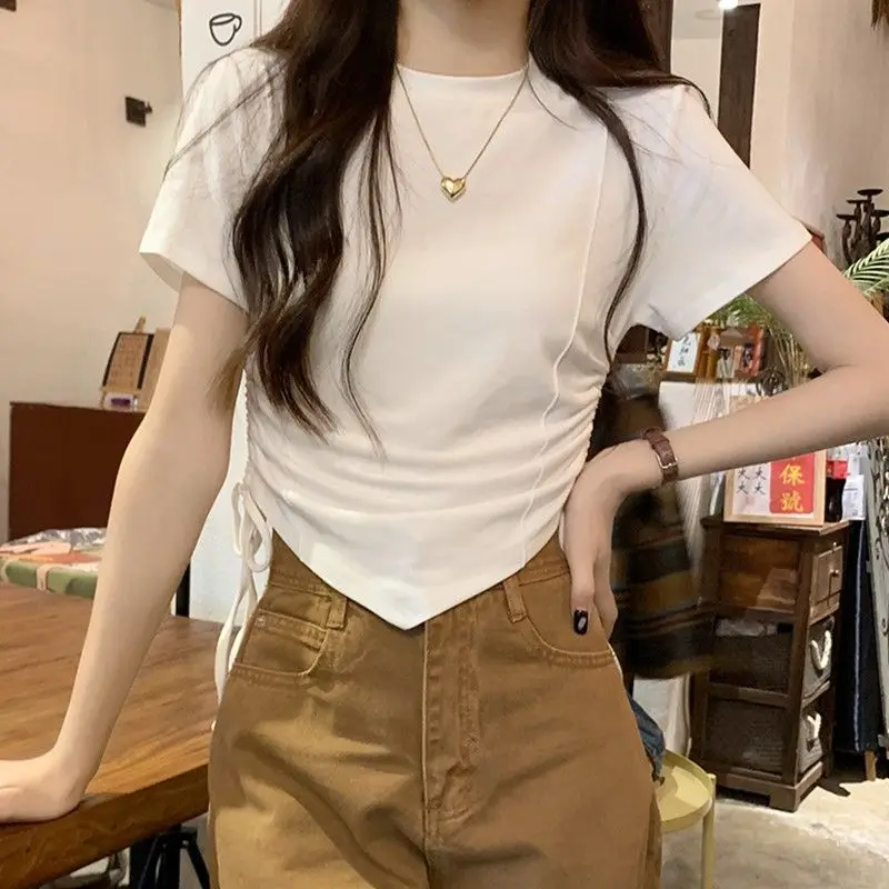 

Women's Summer Fashion Simplicity Solid Color Pleated O-neck Short Sleeve T-Shirt Women Clothing Elegant All-match Slim Tops