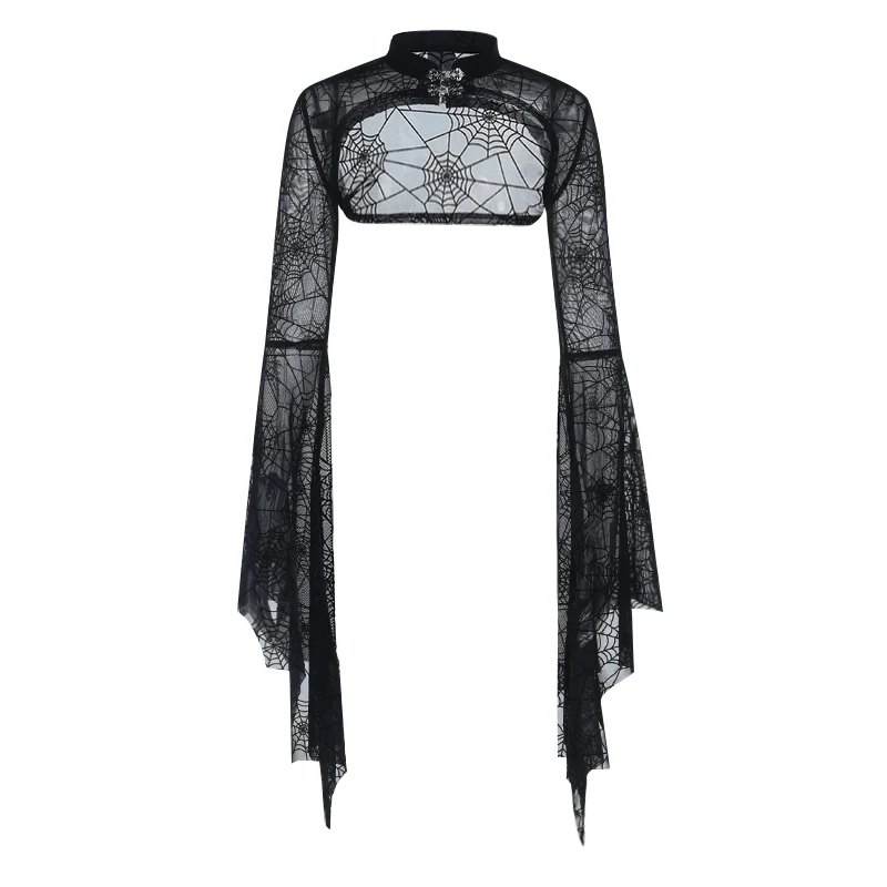 ゴシックブラックフロッキングスパイダーウェブバットウィングスリーブスモック新ファッションセクシーな美的シースルーコスプレハロウィン女性トップス