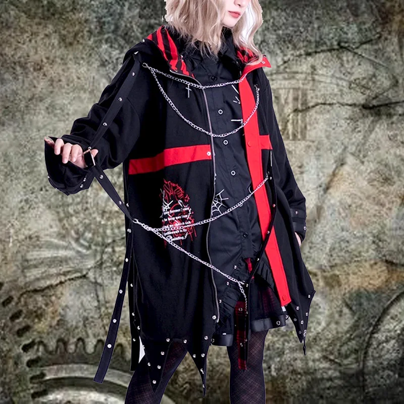 

Mens windbreaker jacket Neutral y2k clothes women Japanese Rock Punk Chain Rivet Hoodies coat hooded jacket Women's jacket