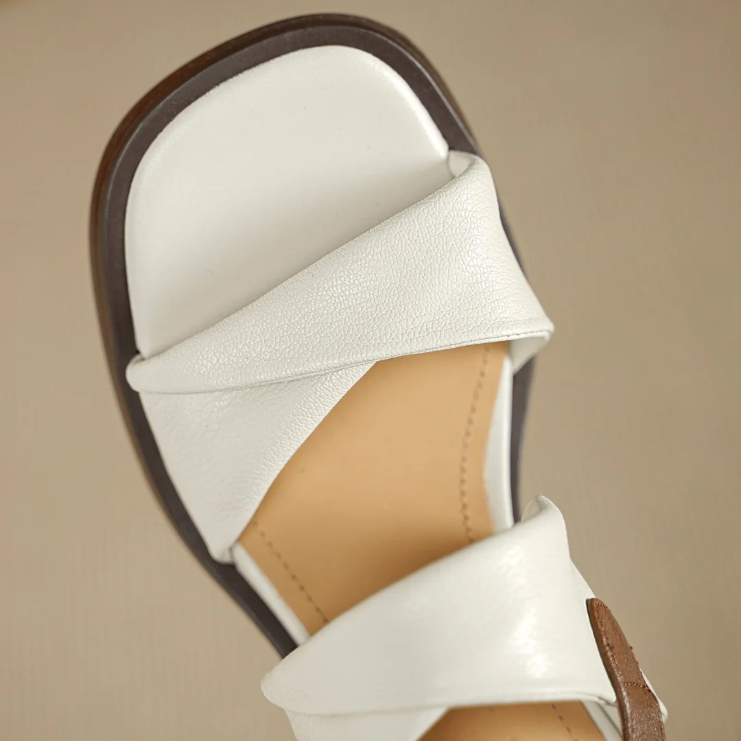 Women's genuine leather narrow band fold mix color patchwork open toe sandals 6cm chunky heel platform female OL summer shoes - Image 3