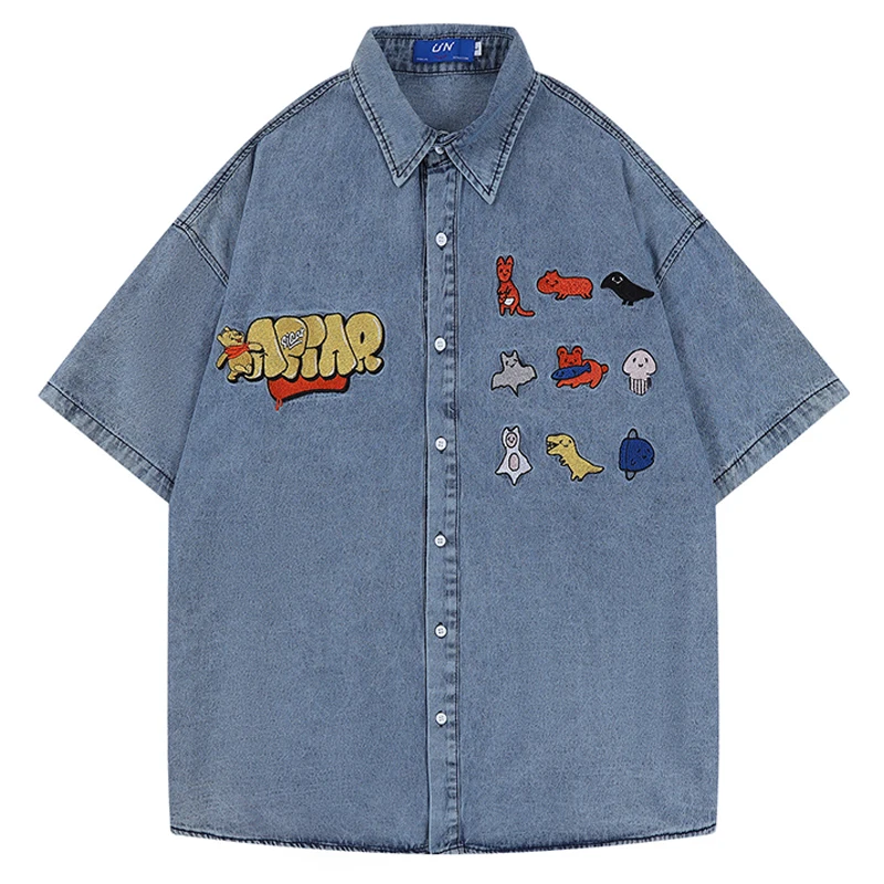 

Cartoon Embroidery Short Sleeve Shirts Mens Summer Retro Casual Loose Lapel Denim Shirts Men Washed Distressed Couple Top Jacket