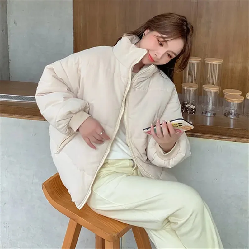 

Winter Coat Female Solid Color Stand Collar Long Sleeve Zipper Loose Pocket Thickened Jacket Fashion Commuter Women's Clothing