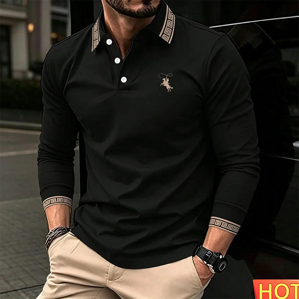 Autumn Winter Men's Long sleeved Polo Solid Color Horse Pattern Button polo Men's Business Polo Shirt Men's Polo Men's Golf Polo