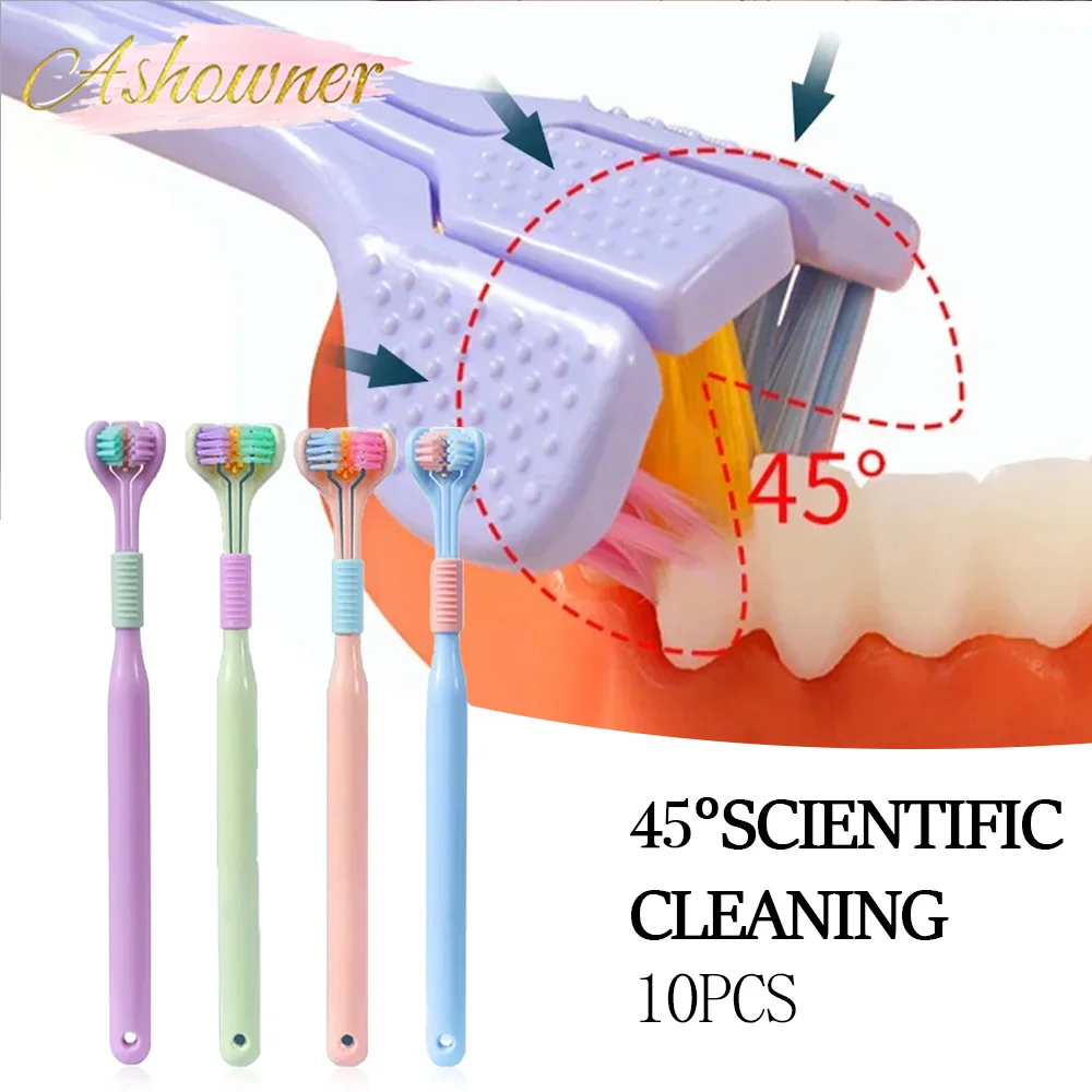 

10PCS Three-Sided Toothbrush Soft Bristle 360 Degree Adult Toothbrush Tongue Scraper Deep Cleaning Oral Care Teeth Brush