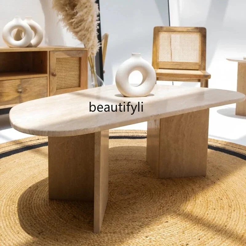 

Natural travertine coffee table small apartment living room next to the sofa tatami, Japanese simple wabi-sabi coffee table9344