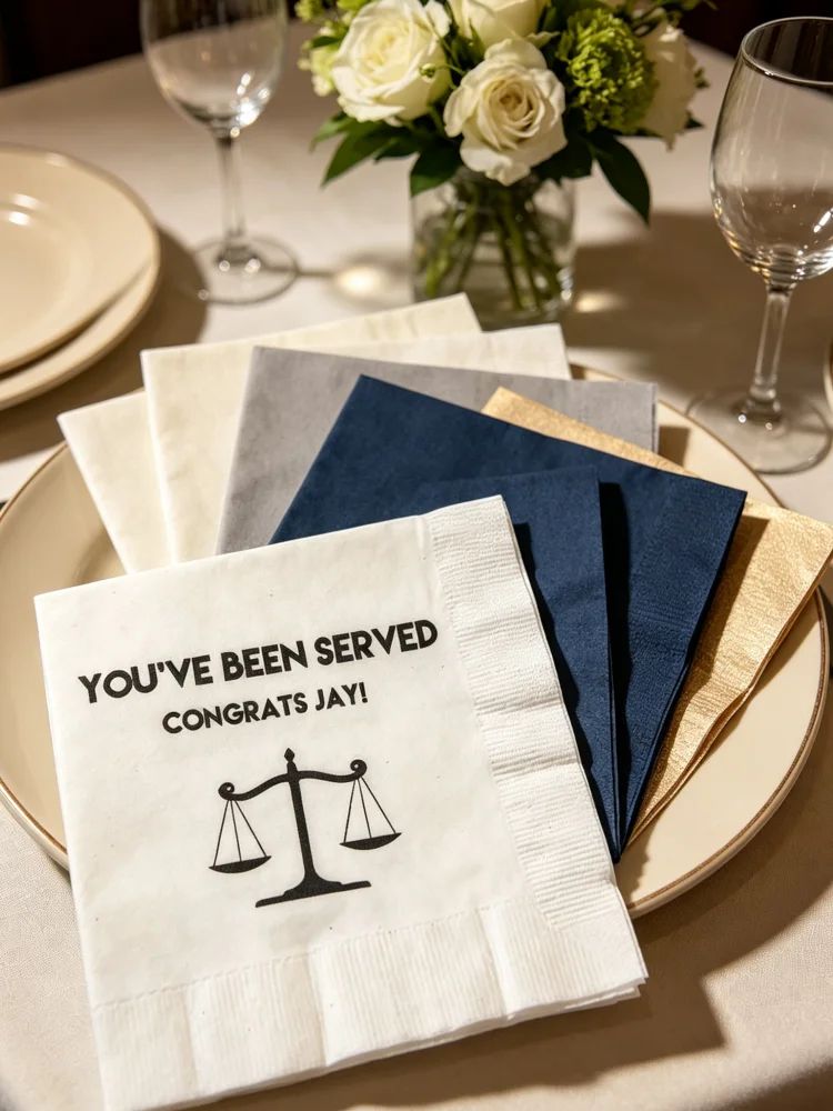 Serviettes en papier personnalisées pour diplômés de droit, impression à chaud « Vous avez été servis », serviettes de cocktail, de déjeuner et de dîner multi-tailles pour avocats