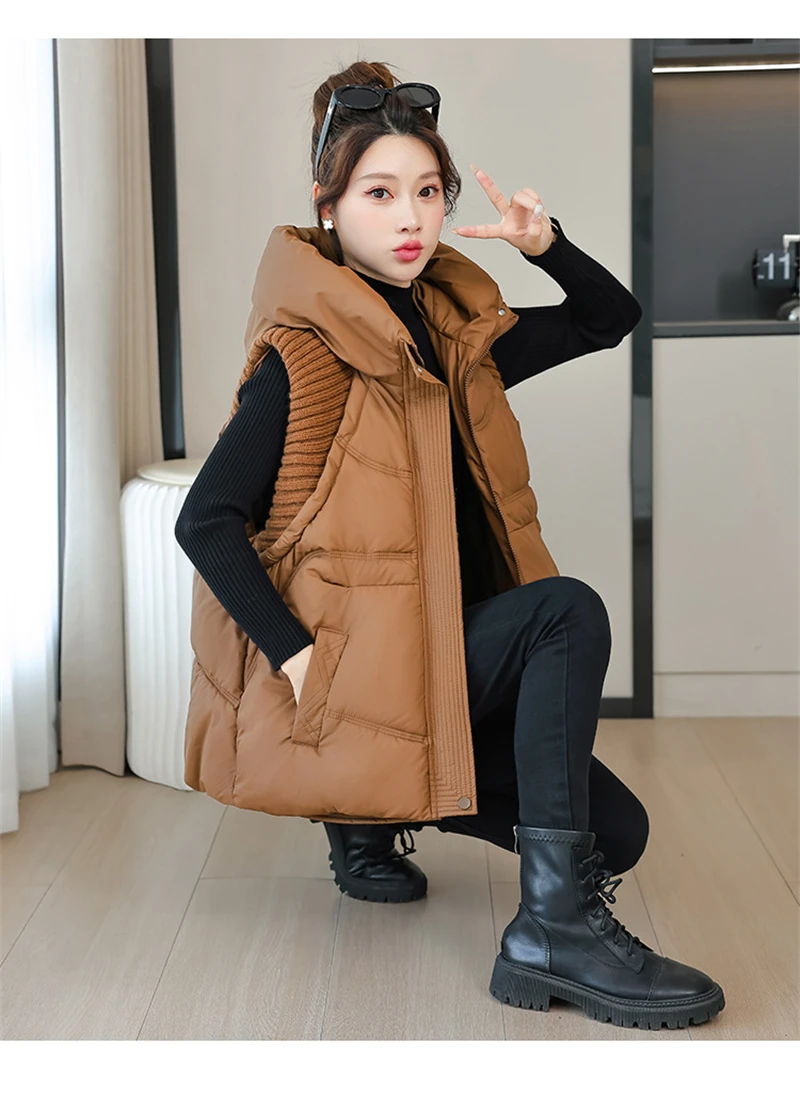 A-word Vest Down Cotton Padded Jackets Short Waistcoat Mid-Length Slim Hooded Autumn Winter Jackets Solid Women's Coats Trend