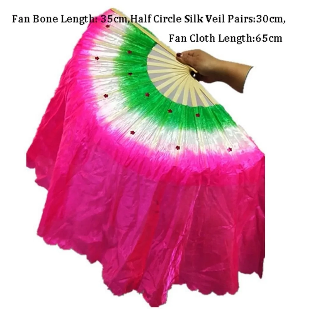 1 par de abanicos chinos de bambú de 31 cm para danza del vientre, abanicos de bambú de seda de 16 cm de medio círculo, coloridos, para niños, 10 estilos