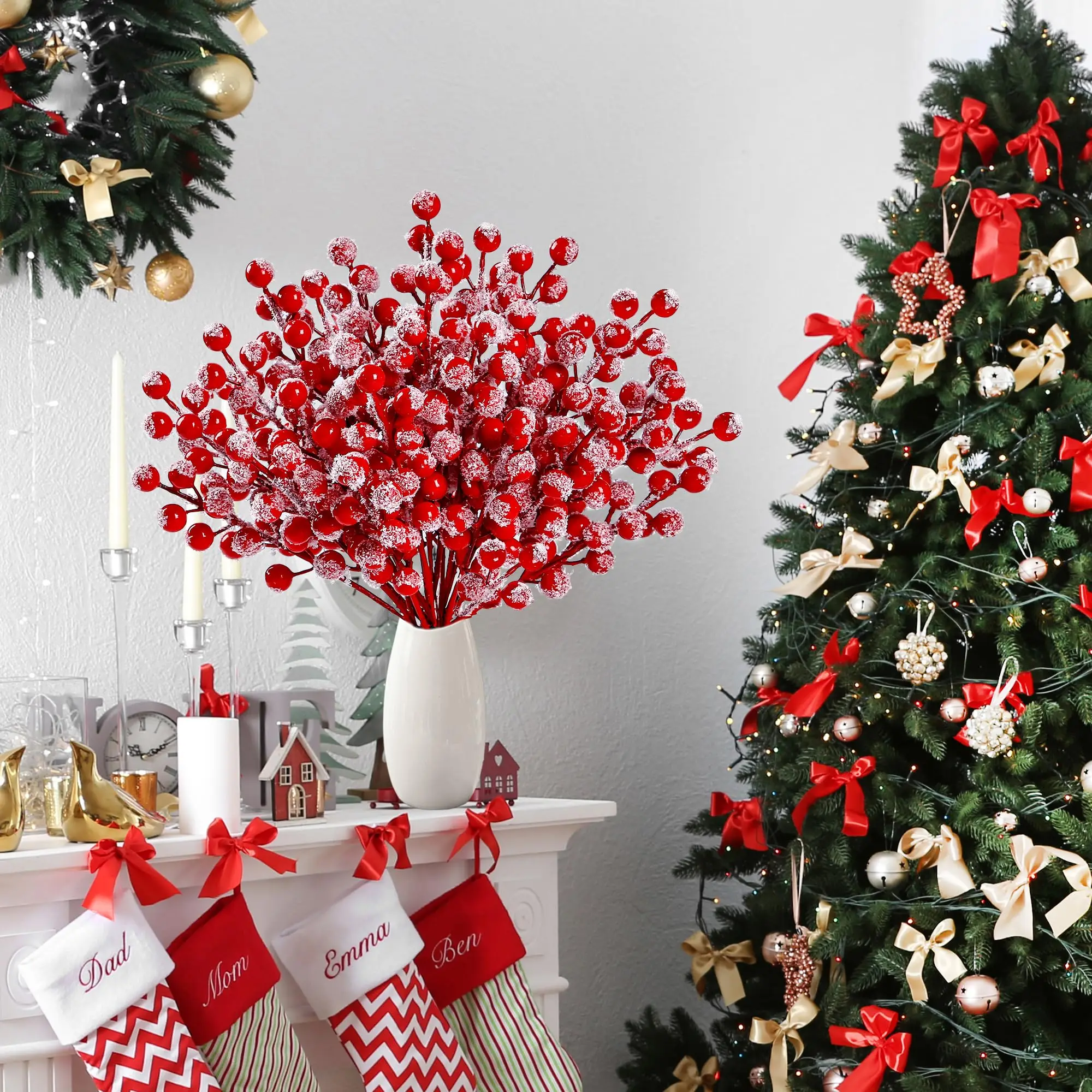 

10pcs Artificial Red Berry Stems Snowy Christmas Tree Decoration Holiday DIY Crafts Xmas Ornaments Home Decor Artificial Plant