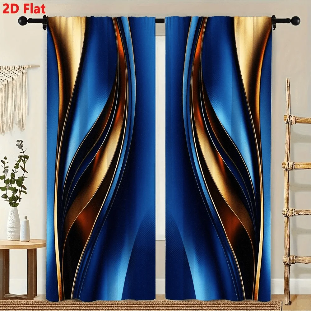 

2Pcs Curtains Abstract Royal Blue And Gold Wave Window Drapes for Bedroom Living Room Decoration Window Treatment.