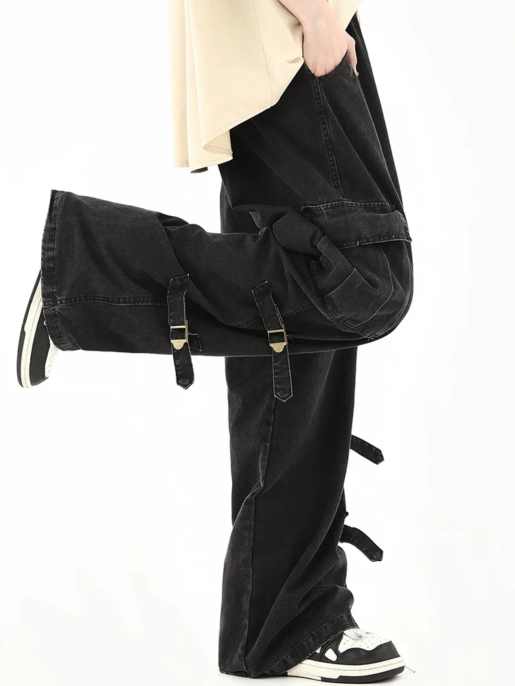 

Trendy Couple American Retro Hip Hop Strap Washed Workwear Pants for Men Loose Straight Leg Street Casual Elastic Waist Trousers
