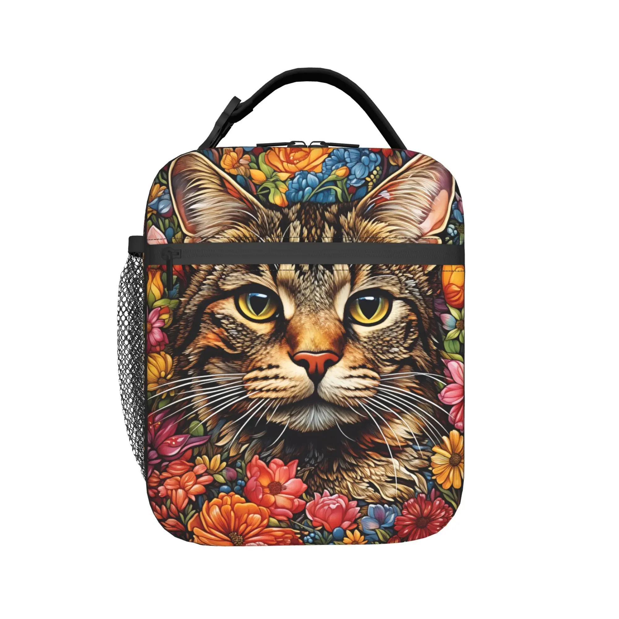 Kawaii Autumn Tabby Cat in Fall Flowers Lunch Bag Outdoor Lunch Box For Girls Fashion Thermal Tote Handbags Zipper Cooler Bag