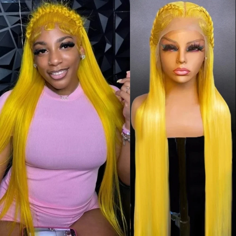 

Желтый парик 180% плотности, прямой, с кружевной передней частью 13x4, синтетический, предварительно выщипанный, термостойкий, без клея, для женщин